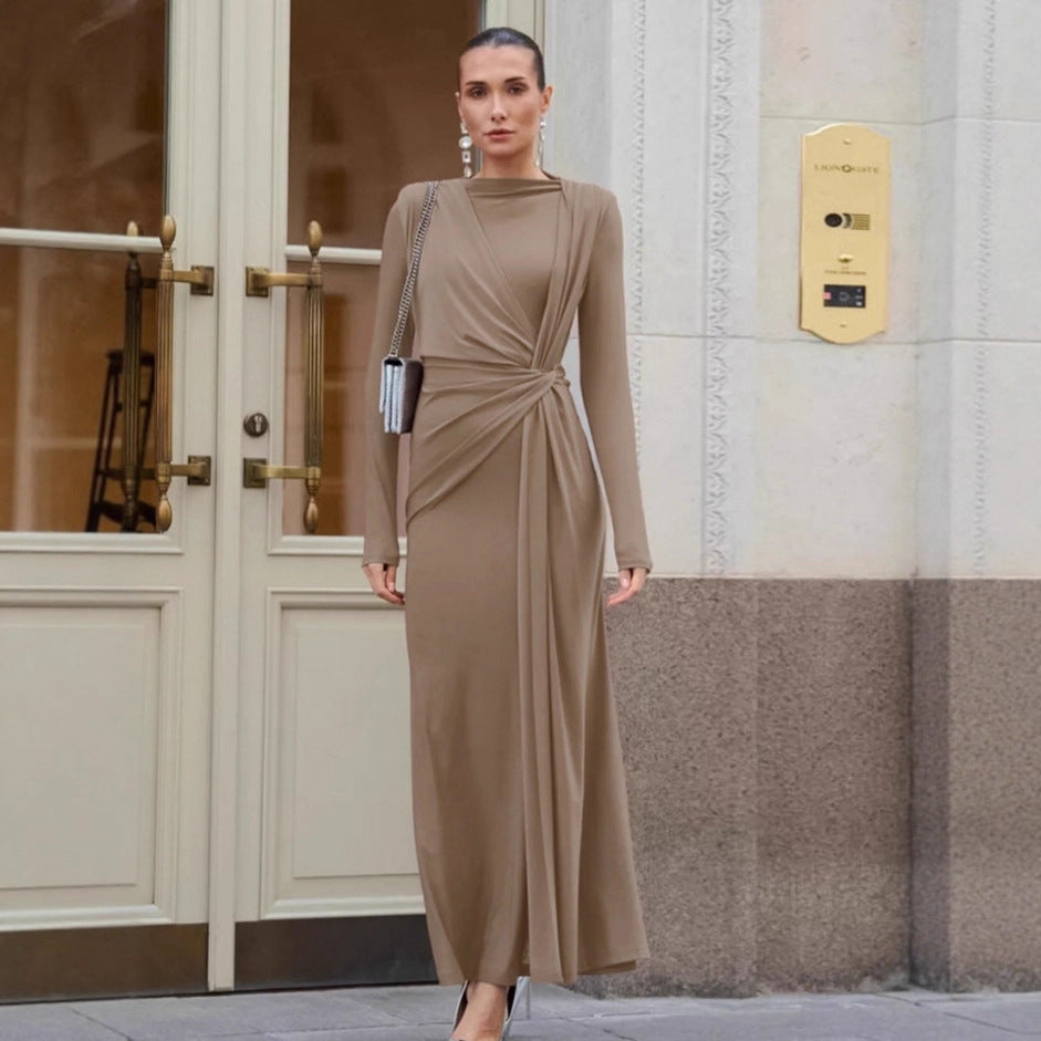 Brown Round Neck Knitted Dress For Women 2025 Autumn Design Sense