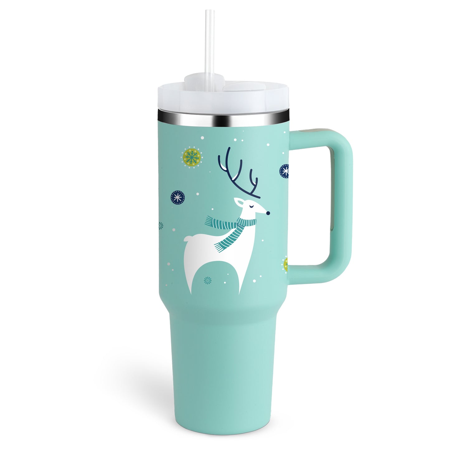 40 oz insulated tumbler with handle featuring a winter reindeer design and clear lid with straw