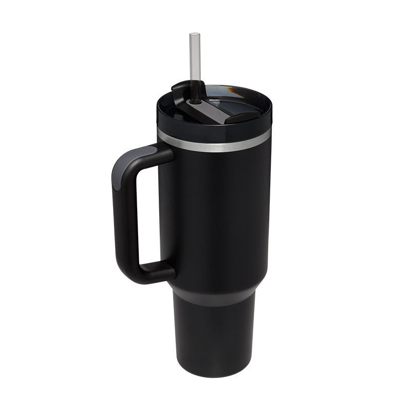 40 oz insulated tumbler with handle in black featuring a lid and straw by Hangzhou Jingqian