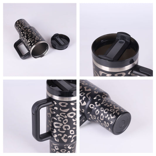 40 oz insulated tumbler with handle featuring leopard print design and spill-resistant lid