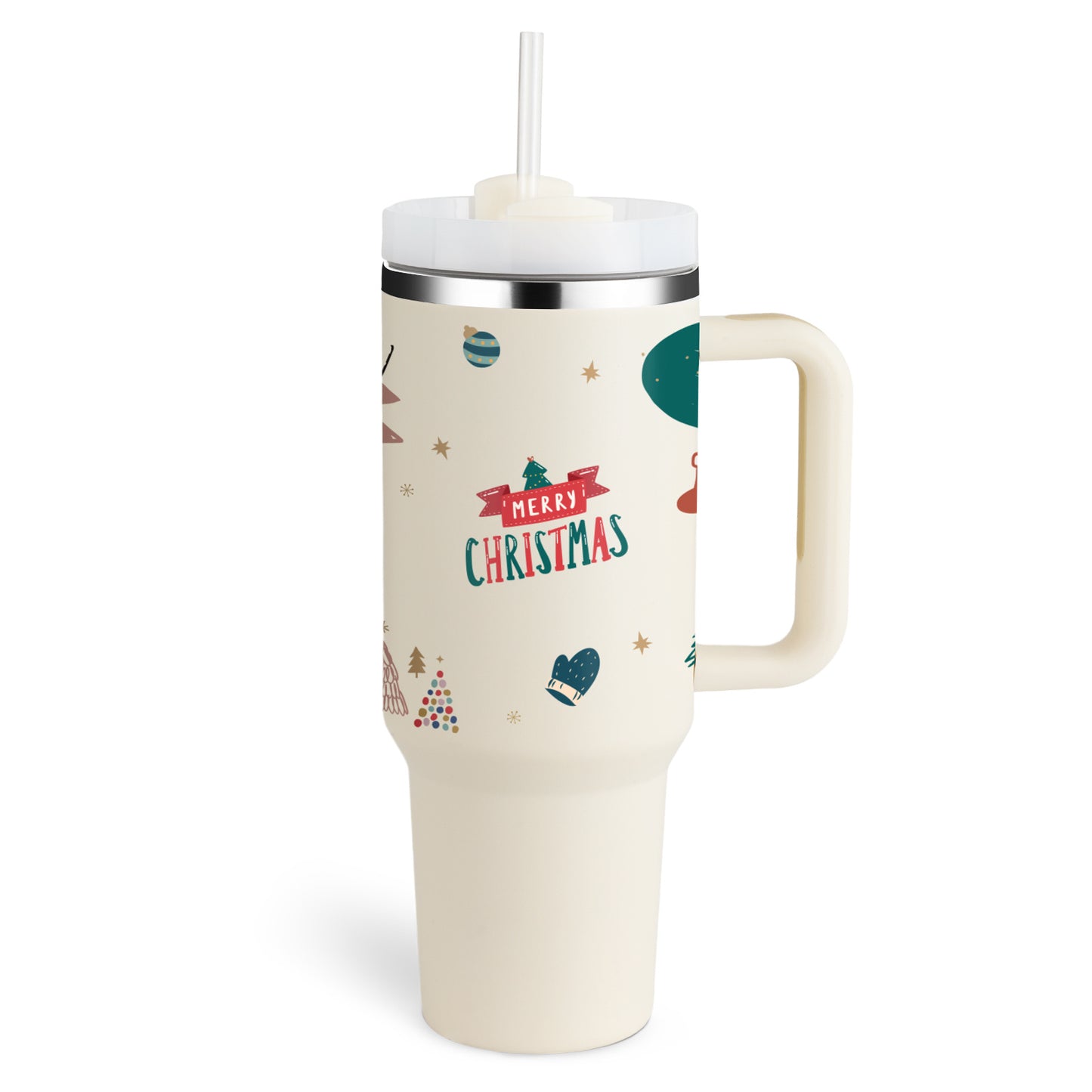 40 oz insulated tumbler with handle featuring Merry Christmas design and clear lid with straw