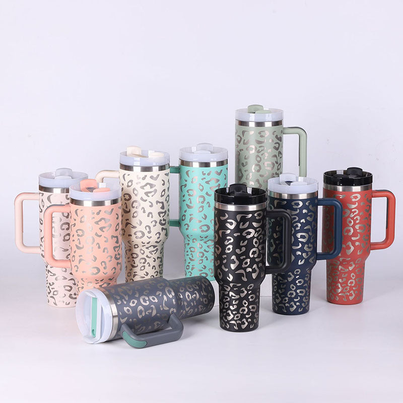 40 oz insulated tumbler with handle in various colors and leopard print design with lid