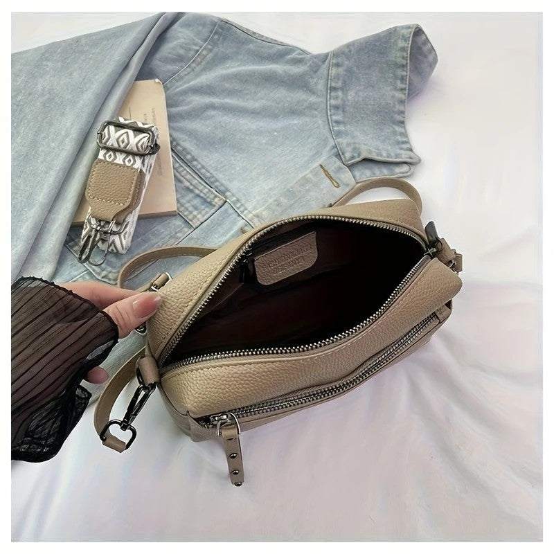 Stylish adjustable shoulder bag women in beige small crossbody bag with zipper and detachable strap