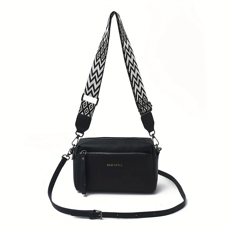 Stylish adjustable shoulder bag women black small cross body bag with patterned strap