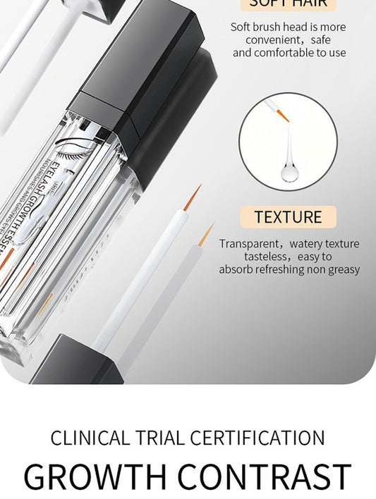 Eyelash nourishing serum with soft brush applicator and transparent watery texture for easy absorption