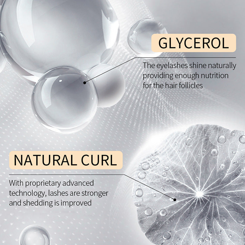 Close-up of eyelash nourishing serum ingredients showing glycerol and natural curl benefits for lash strength and nutrition