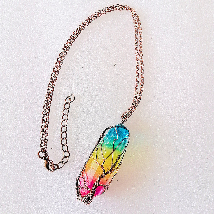 Fashion necklace with rainbow stone jewelry for wellness pendant on a copper chain by Hangzhou Jingqian
