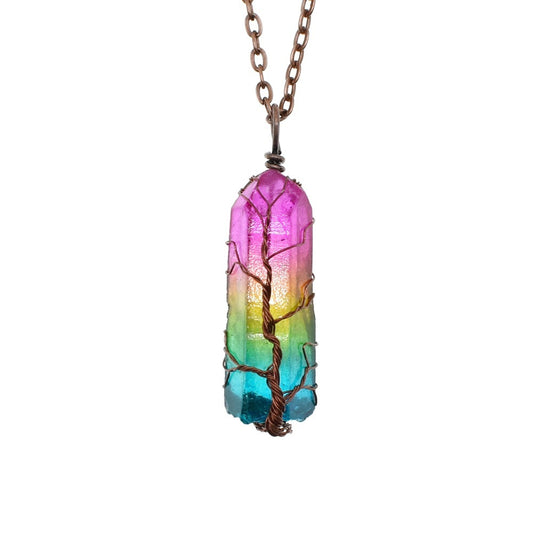 Fashion necklace featuring a vibrant rainbow stone wrapped in wire tree design rainbow stone jewelry for wellness