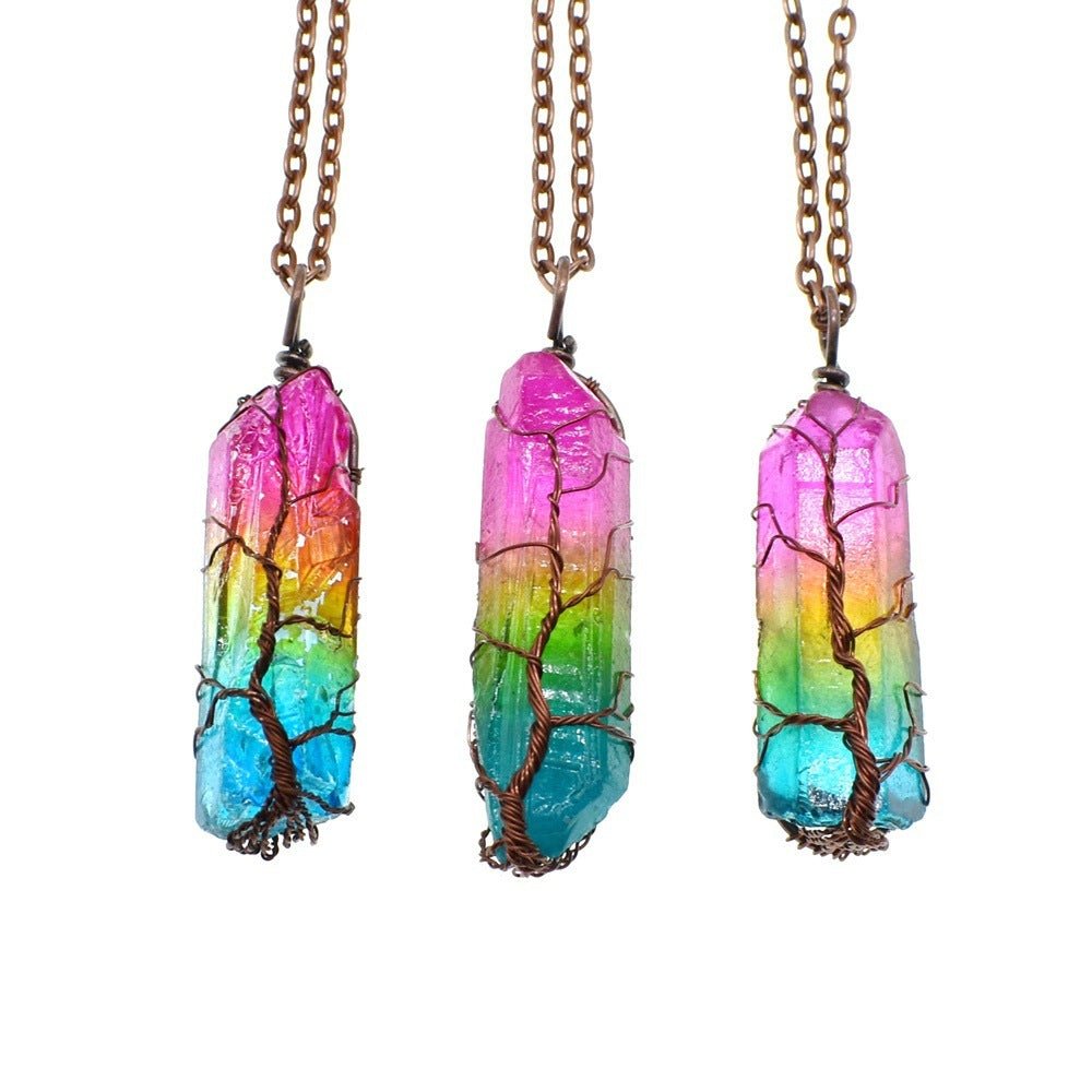 Rainbow stone jewelry for wellness necklace with colorful gradient stone wrapped in wire tree design