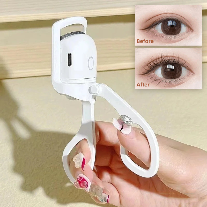 Popmarket white electric heated eyelash curler held in hand with before and after eyelash curl results