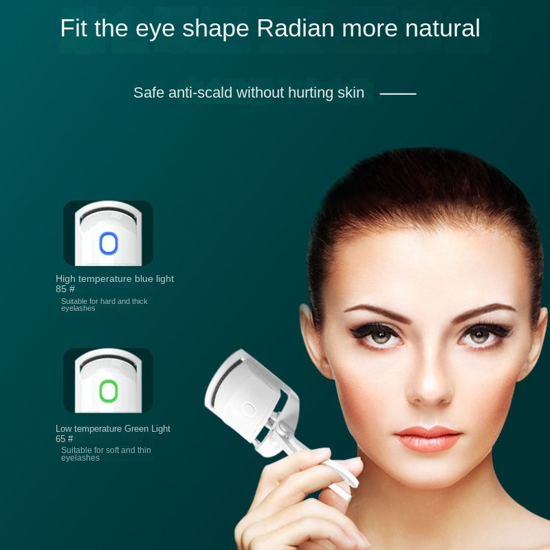 Popmarket electric heated eyelash curler showing temperature settings with woman demonstrating use