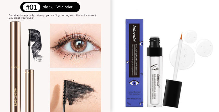 Eyelash nourishing serum by Hangzhou Jingqian with applicator brush and close-up of lashes before and after use