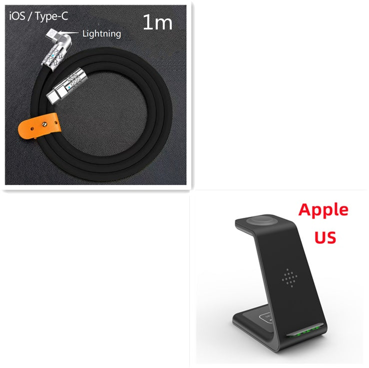 3 in 1 wireless charging station with black Type-C and Lightning cable for Apple devices