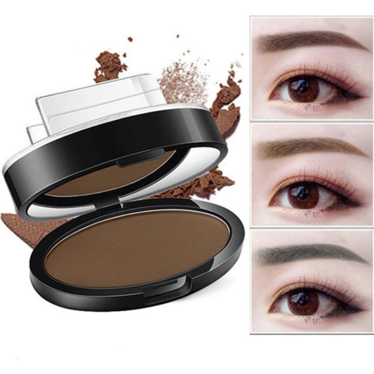 Eyebrow powder stamp kit with brown powder compact and before and after eyebrow tinting results