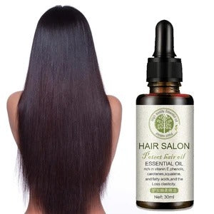 Yiwu Renfan hair care essential oil bottle next to long smooth shiny hair from the back