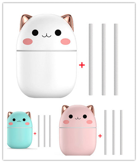 Hangzhou Jingqian cute cat air humidifier in white teal and pink with gold ears and replacement wick sticks