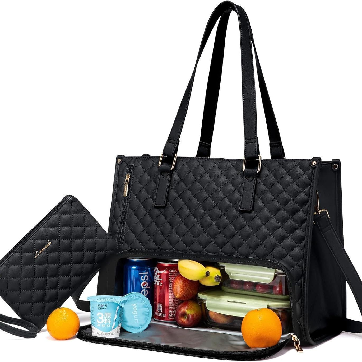 Black quilted lunch box women's large purse with leak-proof laptop tote bag feature and multiple compartments