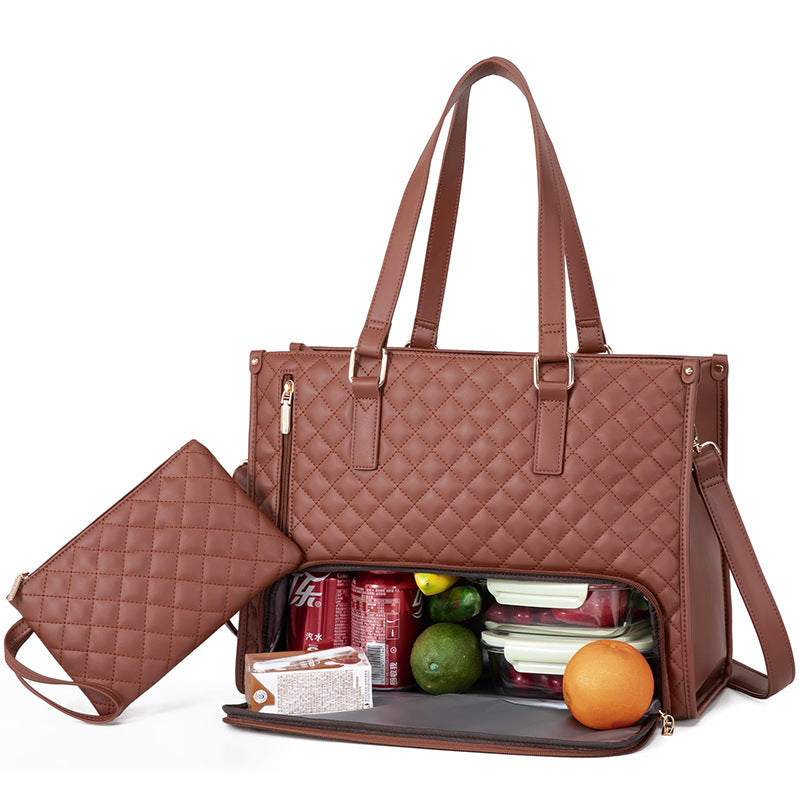 Brown quilted large women's lunch box purse with leak-proof laptop tote bag design and matching small pouch