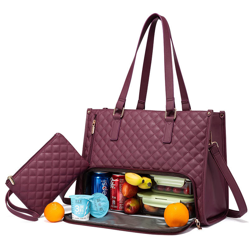 Purple quilted large lunch box women's leak-proof laptop tote bag with multiple compartments and included wristlet