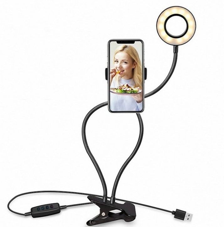 LED selfie ring light with flexible gooseneck, clip base, phone holder, and USB connection