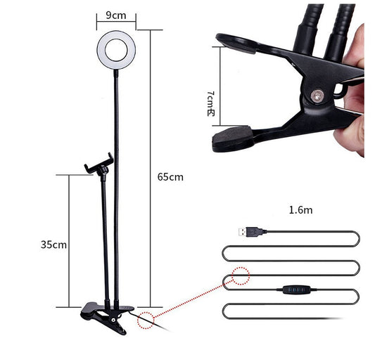 Hangzhou Jingqian LED selfie ring light with adjustable clamp, flexible arms, and USB power cable