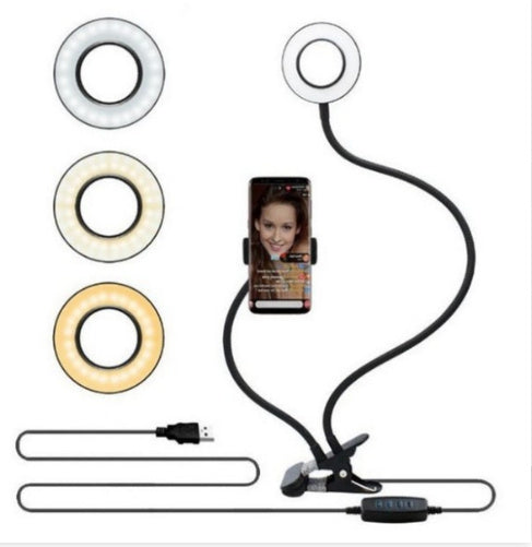 LED selfie ring light with adjustable color modes and flexible arm clip for smartphones