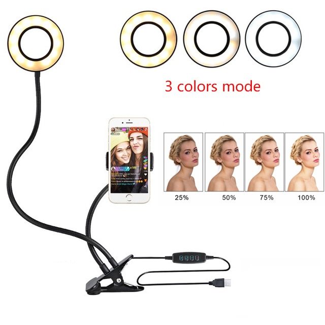 LED selfie ring light with adjustable brightness and three color modes for live streaming