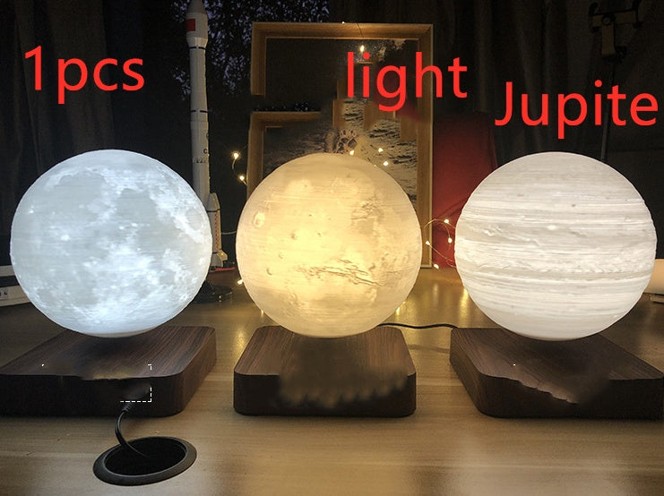 Box of Pandora magnetic levitation moon lamp showing glowing moon and planet Jupiter models on wooden bases