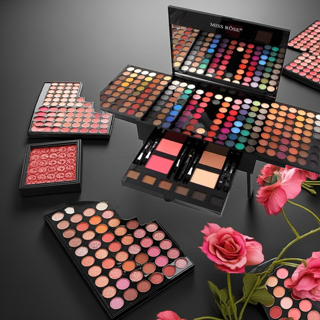 Yiwu Renfan 180 color eyeshadow palette with blush set and personalized piano design on a black surface with pink flowers