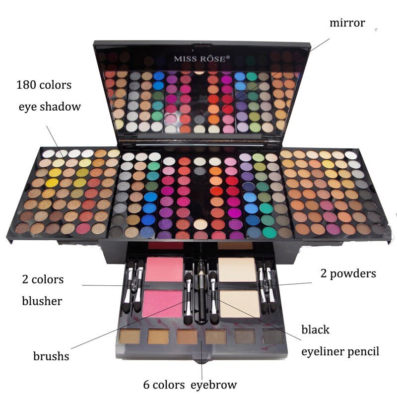 Miss Rose 180 color eyeshadow palette with blush, eyebrow powders, eyeliner pencil, and built-in mirror