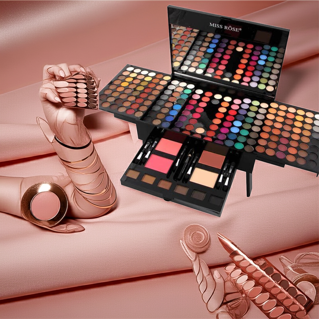 Yiwu Renfan 180 color eyeshadow palette with blush set in open case on artistic background