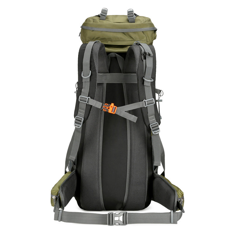 Back view of olive green and gray mountaineering bag with padded harness hip belt and large capacity hiking backpack
