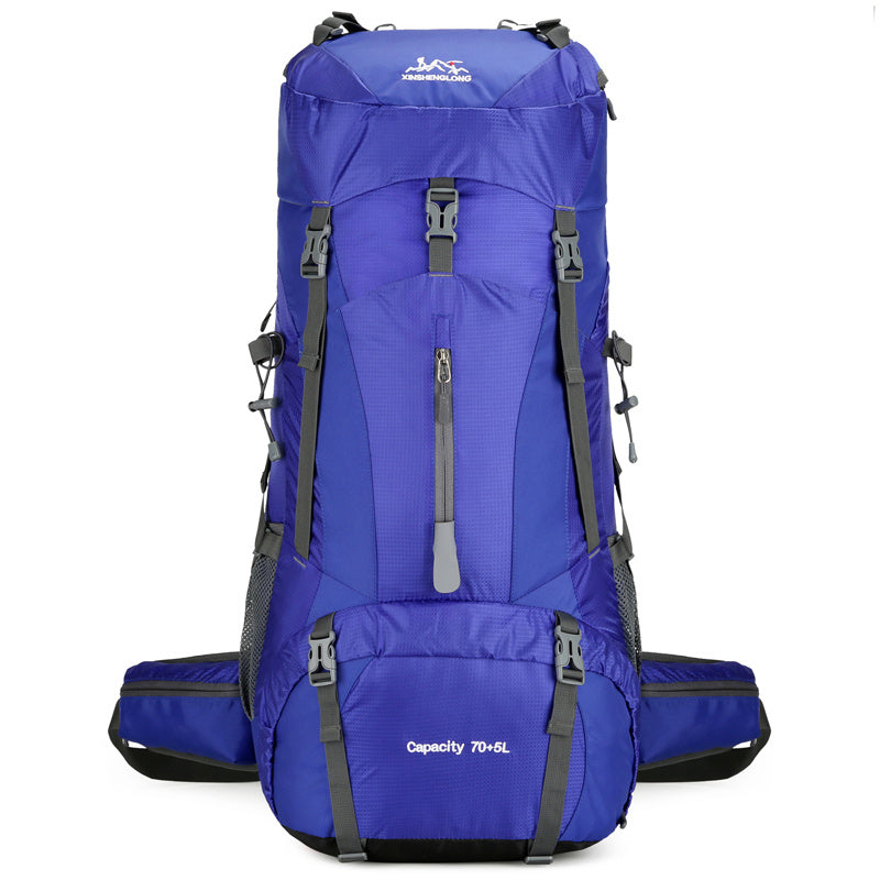 Blue mountaineering bag 70L with hip belt and multiple straps large capacity hiking backpack for trekking