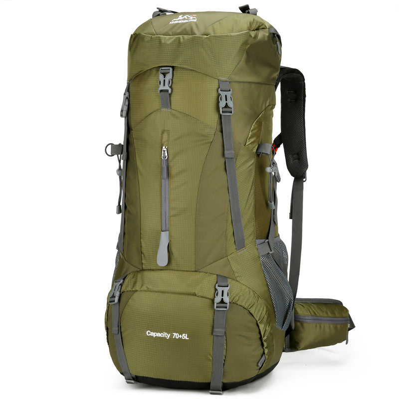 Olive green mountaineering bag large with hip belt and multiple straps large capacity hiking backpack 70L