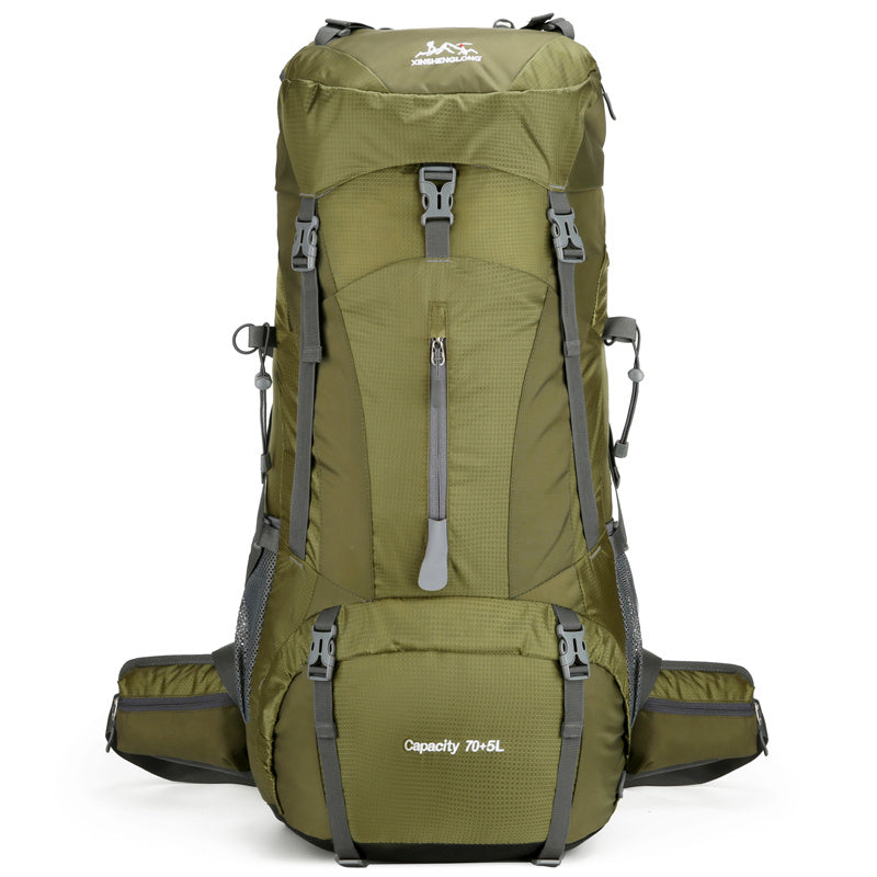 Olive green mountaineering bag with top lid hip pockets and straps large capacity hiking backpack