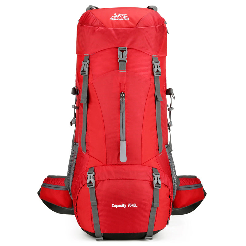 Red mountaineering bag 70 liter expandable with padded hip belt and multiple straps large capacity hiking backpack
