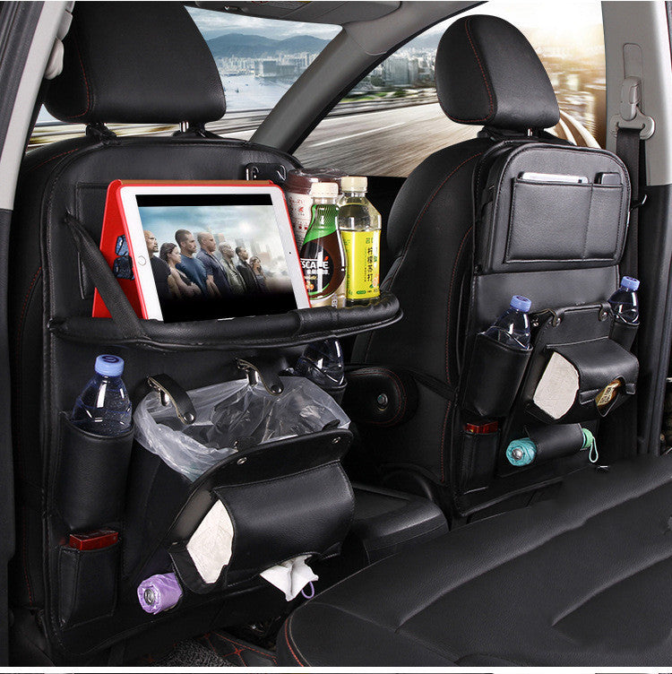 Black multifunction car seat tray organizer hanging waterproof bag with tablet holder and multiple storage pockets