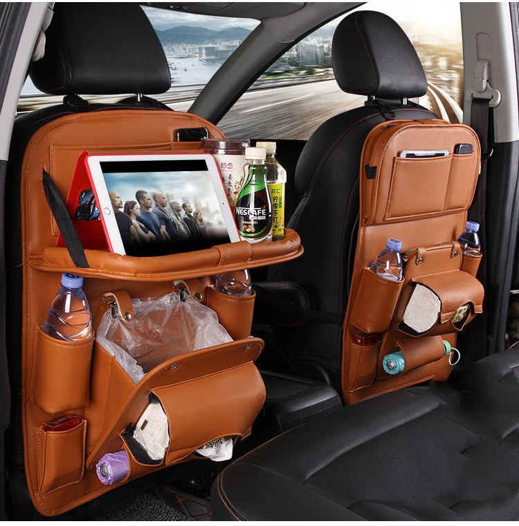 Multifunction car seat tray organizer in brown waterproof material with tablet holder and storage pockets