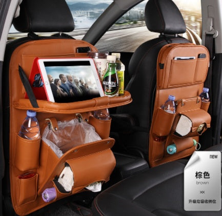 Brown multifunction car seat tray organizer hanging waterproof bag with tablet holder and drink compartments
