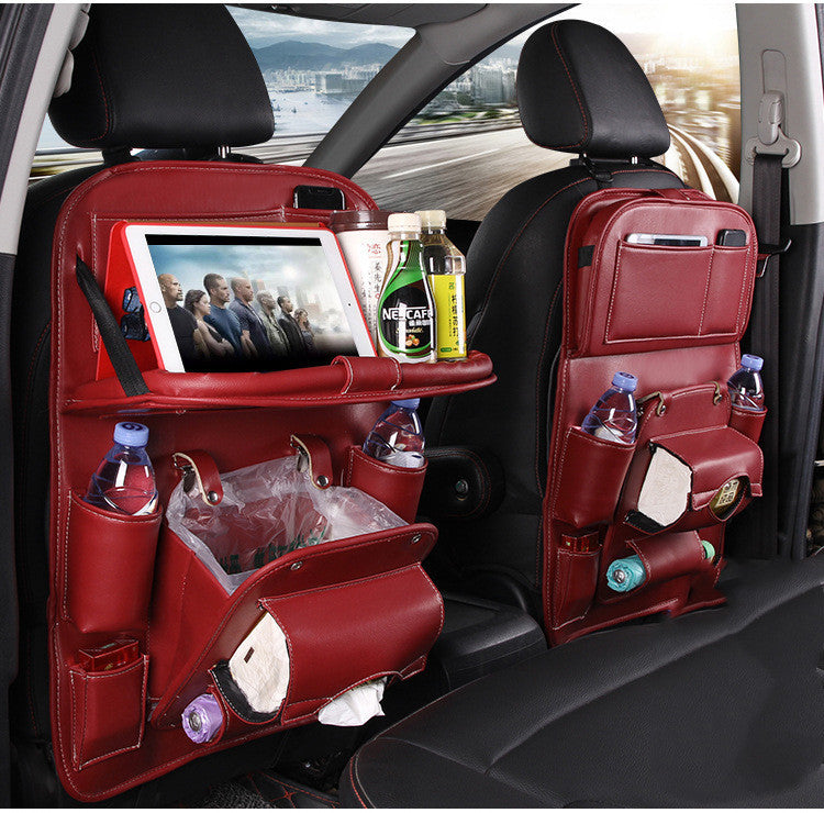 Multifunction car seat tray organizer in red waterproof hanging bag with multiple storage compartments