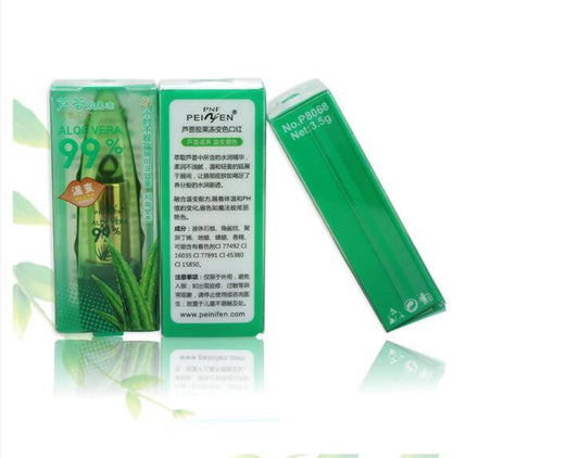 Yiwu Renfan aloe vera color changing lipstick in green packaging with 99 percent aloe content