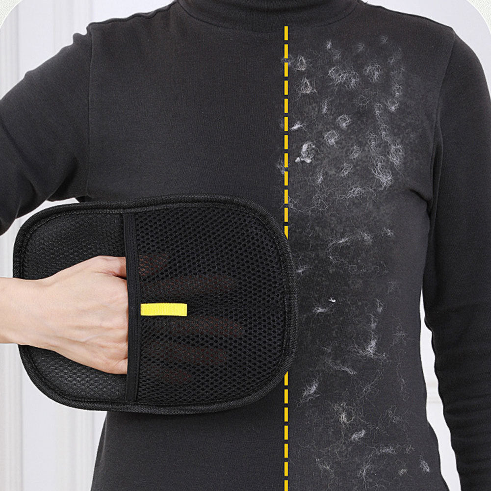 Pet hair remover mitt used on black shirt showing difference in hair removal for dogs