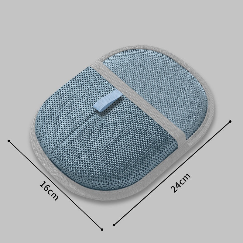 Gray and blue pet hair remover mitt with mesh fabric and elastic strap measuring 24 by 16 centimeters
