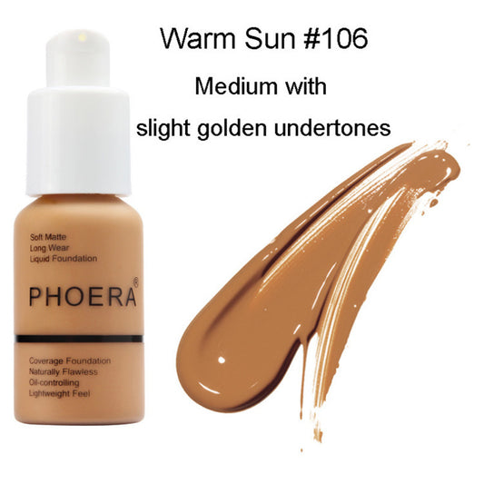 Yiwu Renfan Phoera Warm Sun 106 oil control foundation with medium shade and slight golden undertones