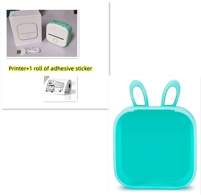 Hangzhou Jingqian portable mini label printer in turquoise with USB cable and one roll of adhesive stickers