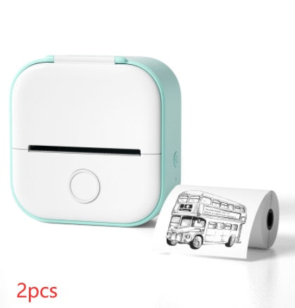 Hangzhou Jingqian portable mini label printer in white and mint green with printed bus illustration