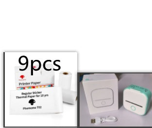 Hangzhou Jingqian portable mini label printer with thermal paper rolls and USB charging cable