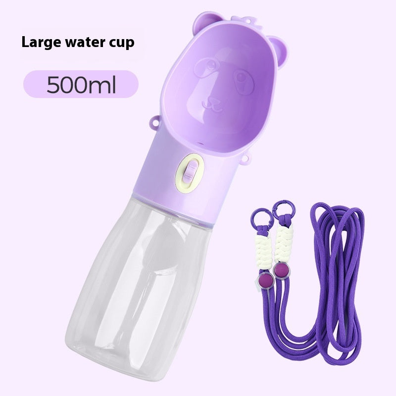 Portable dog water bottle with 500ml capacity and purple cup for small and big dogs
