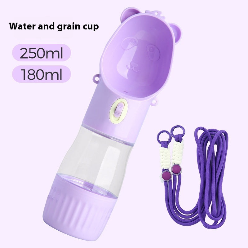 Purple portable dog water bottle with water and grain cup and carrying lanyard for small and big dogs