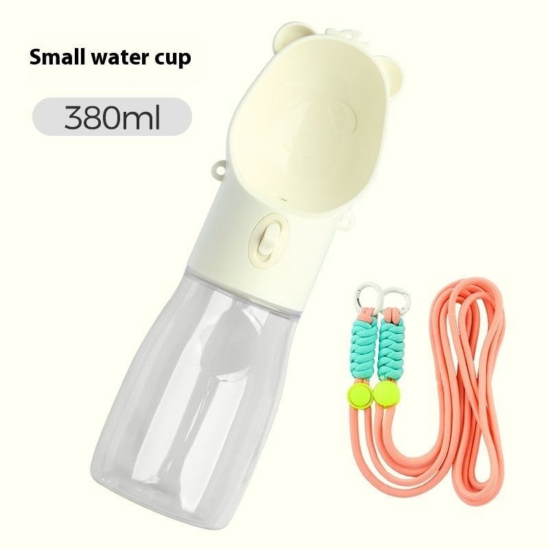 Portable dog water bottle 380ml with a small water cup and attached pink leash for small and big dogs